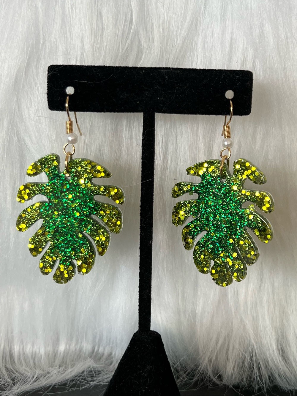 Green Glitter Monstera Leaf Drop Earrings